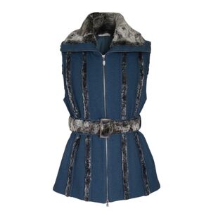 M Vintage CoVelo 100% Wool Faux Fur Trim Belted Vest Teal Blue